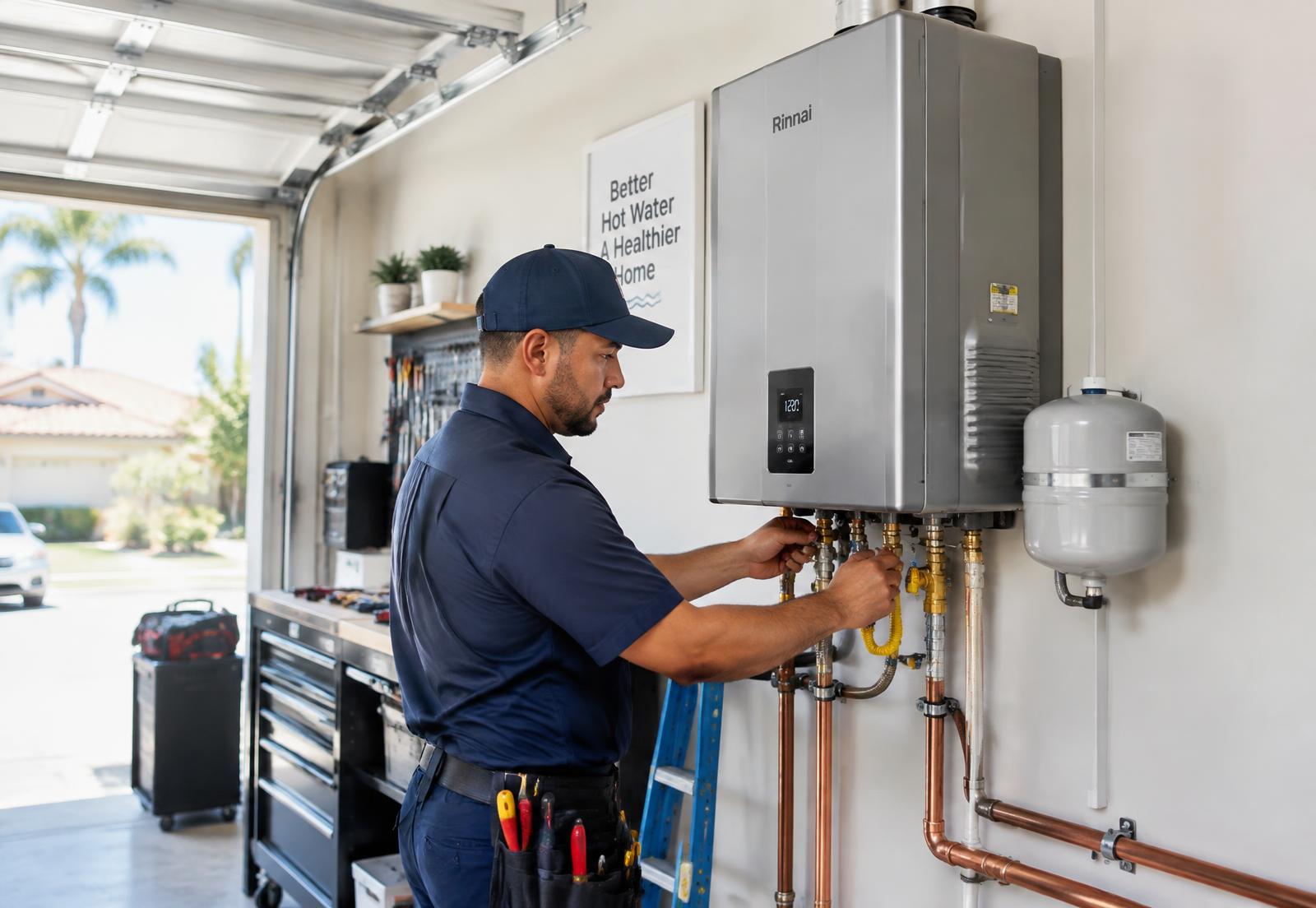 SkyRidge Plumbing technician installing a tankless water heater in a Vacaville home